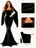 Women Gothic Velvet Mermaid Maxi Dress Bat Flared Long Sleeve Bodycon Gown Dark Witch Vampire Costume Halloween Cosplay Party Outfit
