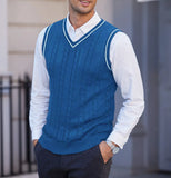 New Men's Knit V-Neck Sweater Vest Contrast Color Stripe Design Sleeveless Knitted Pullover Sweaters Men Smart Casual Waistcoats