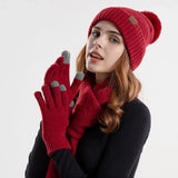 3pcs/set Winter Beanie Hat Scarf Touchscreen Gloves Set for Women Warm Knit Fleece Lined Hat Set Leather Label Fur Ball Cap