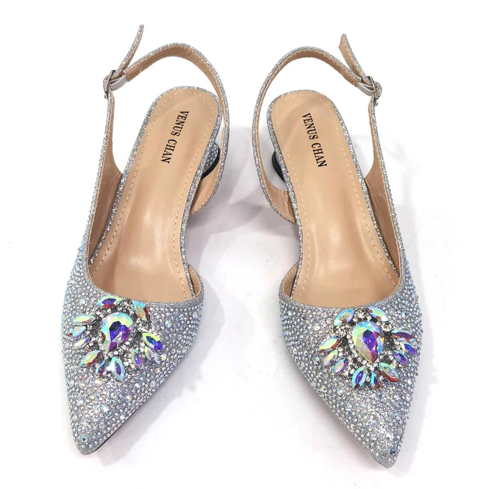 Venus Chan Royal Blue Sandals for Women 2024 Luxury Wedding Pumps Med Heels Rhinestone Design Party Shoes and Bags Set