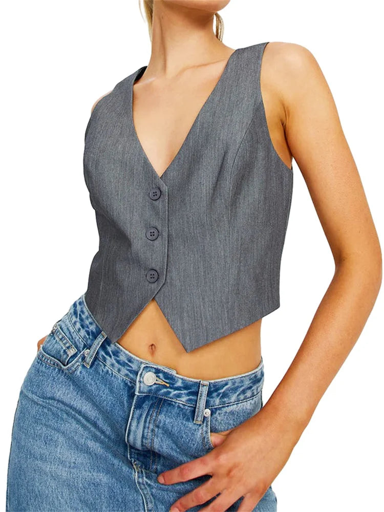 Women Vest Caot Sleeveless V Neck Button Waistcoat Solid Color Blazer Gilet for Casual Daily Fashion