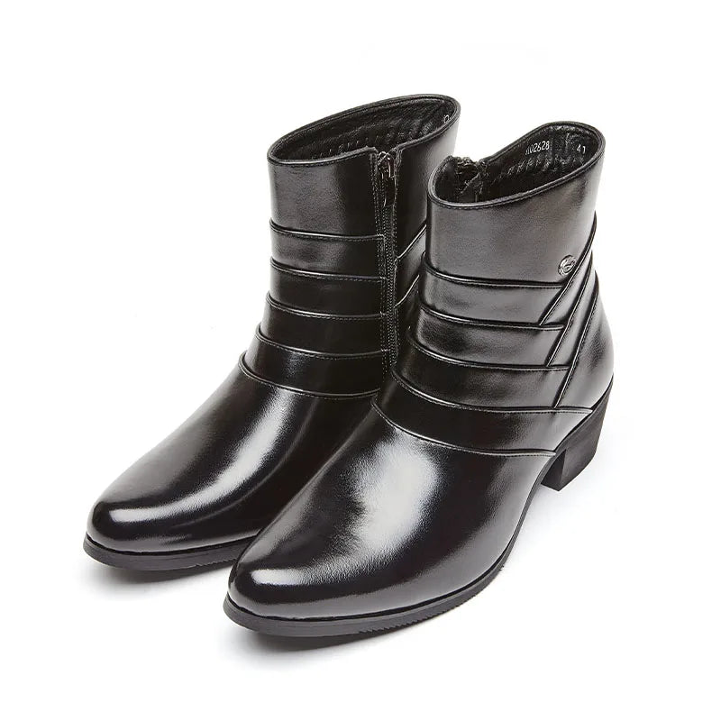 Luxury Men Boots Leather Chelsea Boots High Top Buckle Strap Formal Shoes Black British Style Ankle Boots Pointed Toe Brown Boot