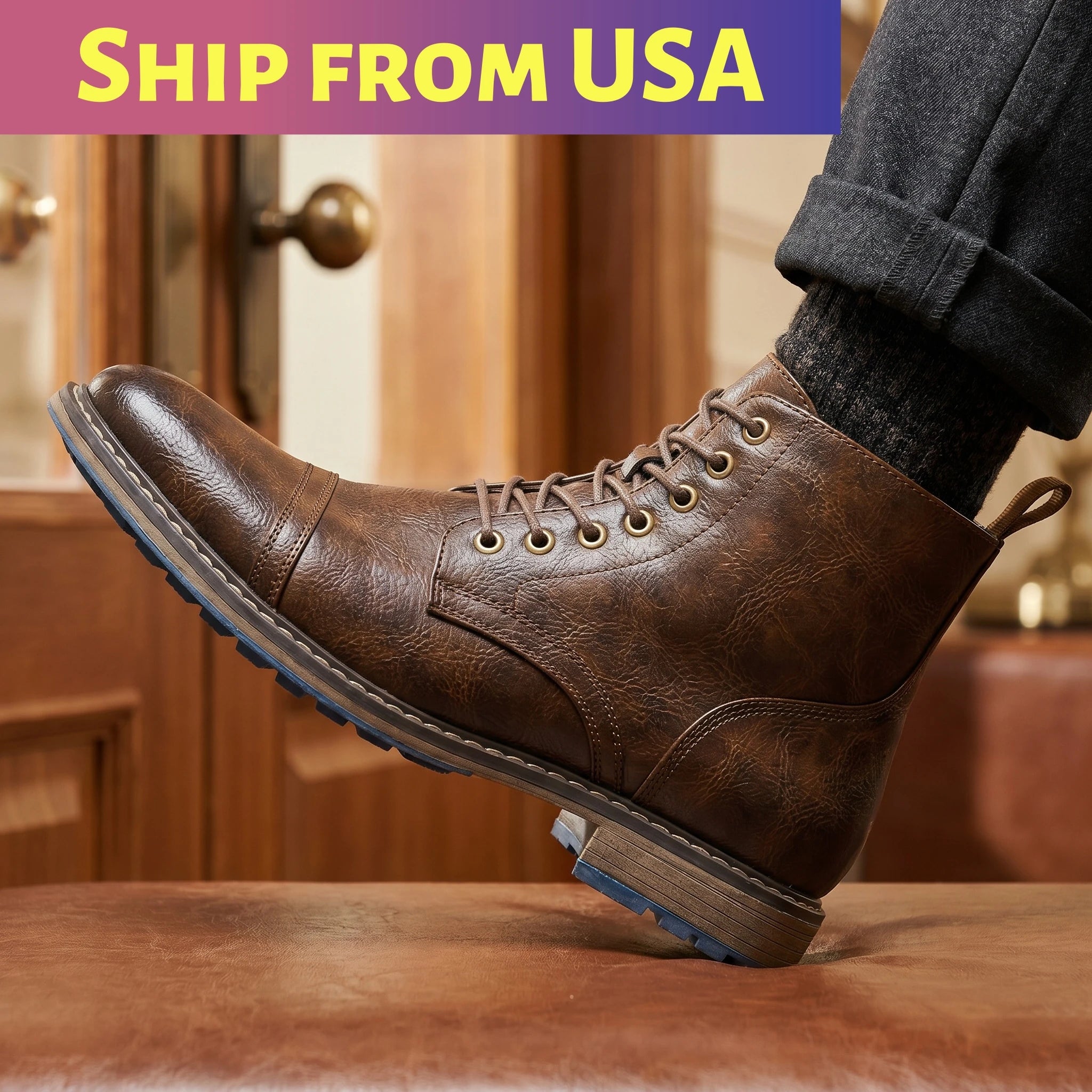 Men's Vintage Combat Boots Lace-Up Cap Toe Ankle Booties with Pull Tab Non-Slip Sole