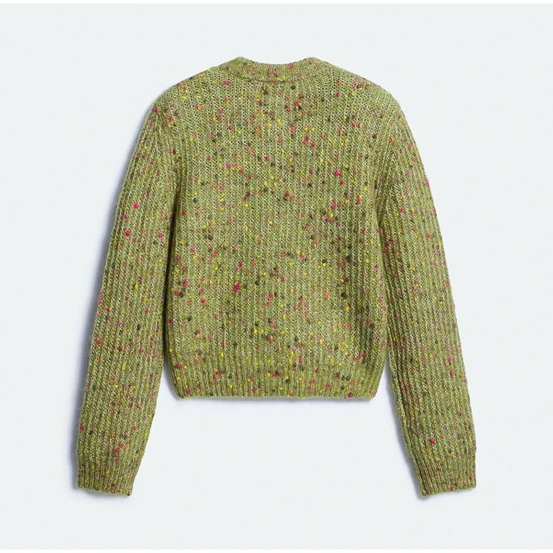 Chic Speckled Knit Cardigan Round Neck Shoulder Pads Long Sleeve Single Breasted Patch Pockets Daily Women Top 2026 Autumn Tops