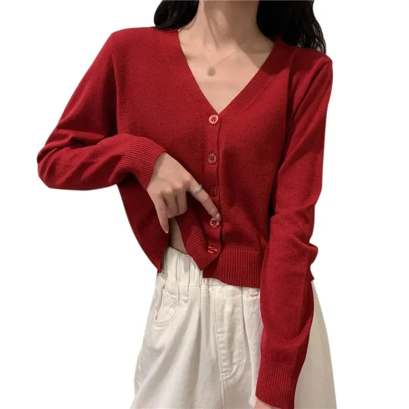 2026 Women Long Sleeve Cropped Cardigan V Neck Button Down Knit Lady Autumn Spring Knitted Single-breasted Cardigan Sweaters