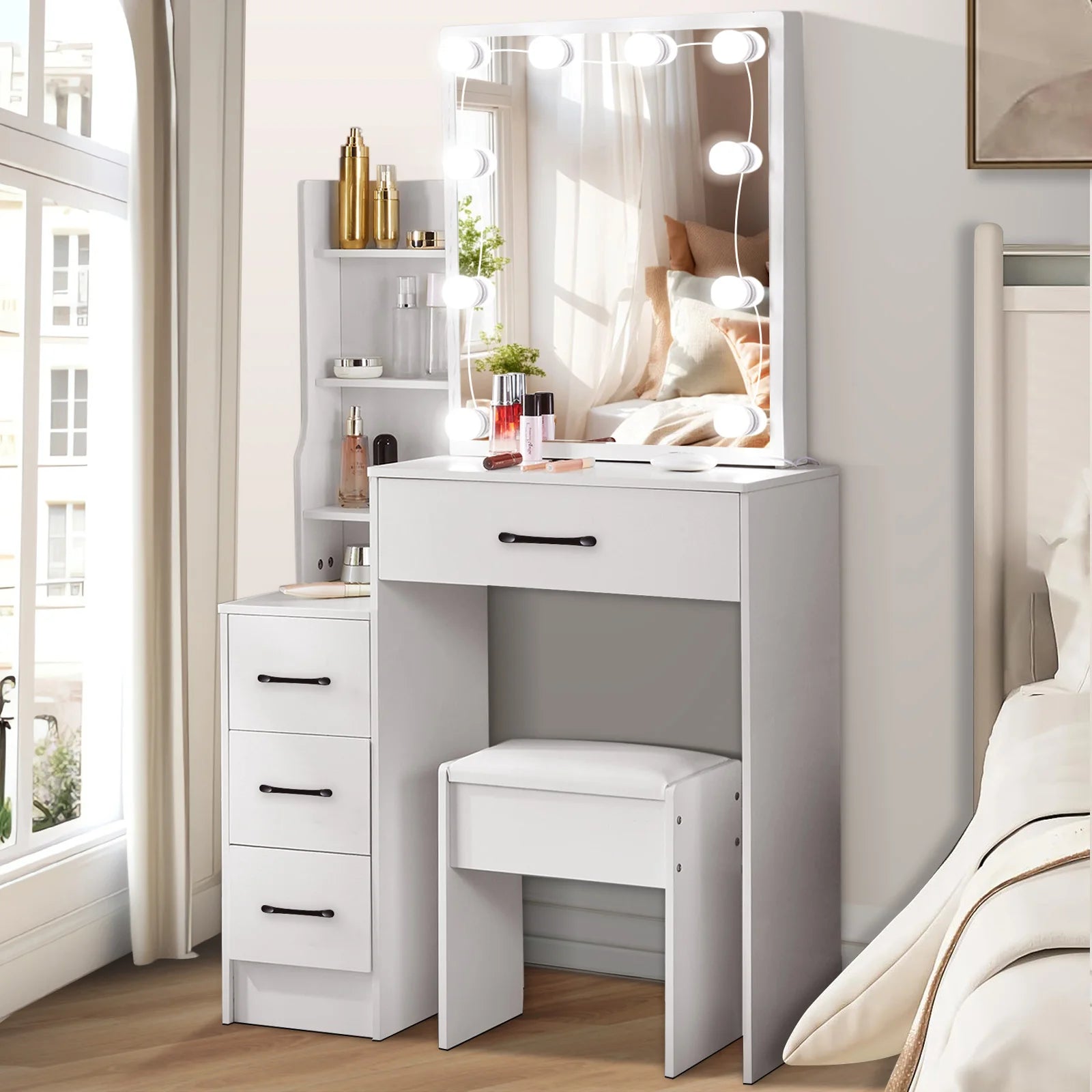 Modern White Dressing Table Stool Set with 3-Color Adjustable LED Light Mirror 4 Drawers For Bedroom Living Room Vanity Table