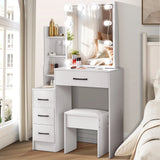 Modern White Dressing Table Stool Set with 3-Color Adjustable LED Light Mirror 4 Drawers For Bedroom Living Room Vanity Table