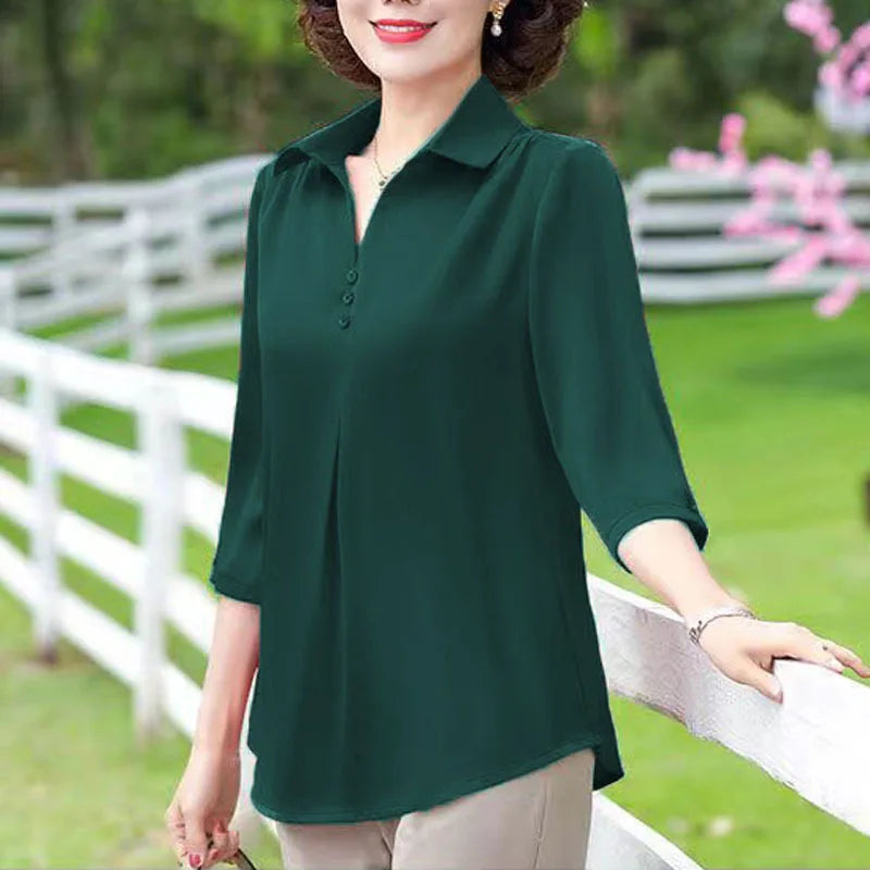 1pcs Woman Summer Solid Blouses Shirt Lady Thin Pullover Shirt Female Casual Half Sleeve Turn-down Collar Loose Top Mom Clothing