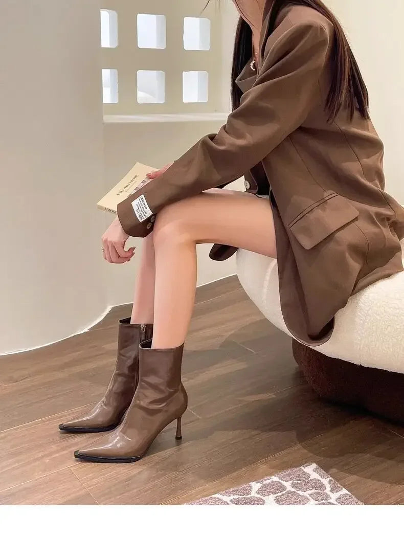 Ankle Boots Vintage Autumn New Fashion High Heels Women's Sexy Pointed Toe patent leather skinny boots Women Brown Short Booties