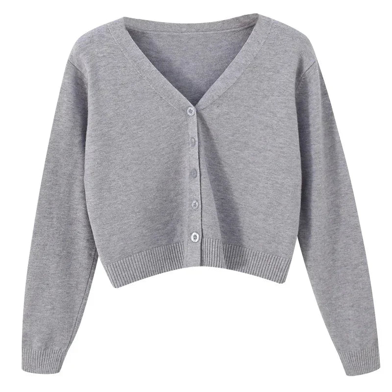 2026 Women Long Sleeve Cropped Cardigan V Neck Button Down Knit Lady Autumn Spring Knitted Single-breasted Cardigan Sweaters
