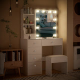 Teousev White LED Makeup Vanity Set with Sliding Mirror, 3-Color Dimmable Lights, 6 Drawers & Stool, Modern Dressing Table