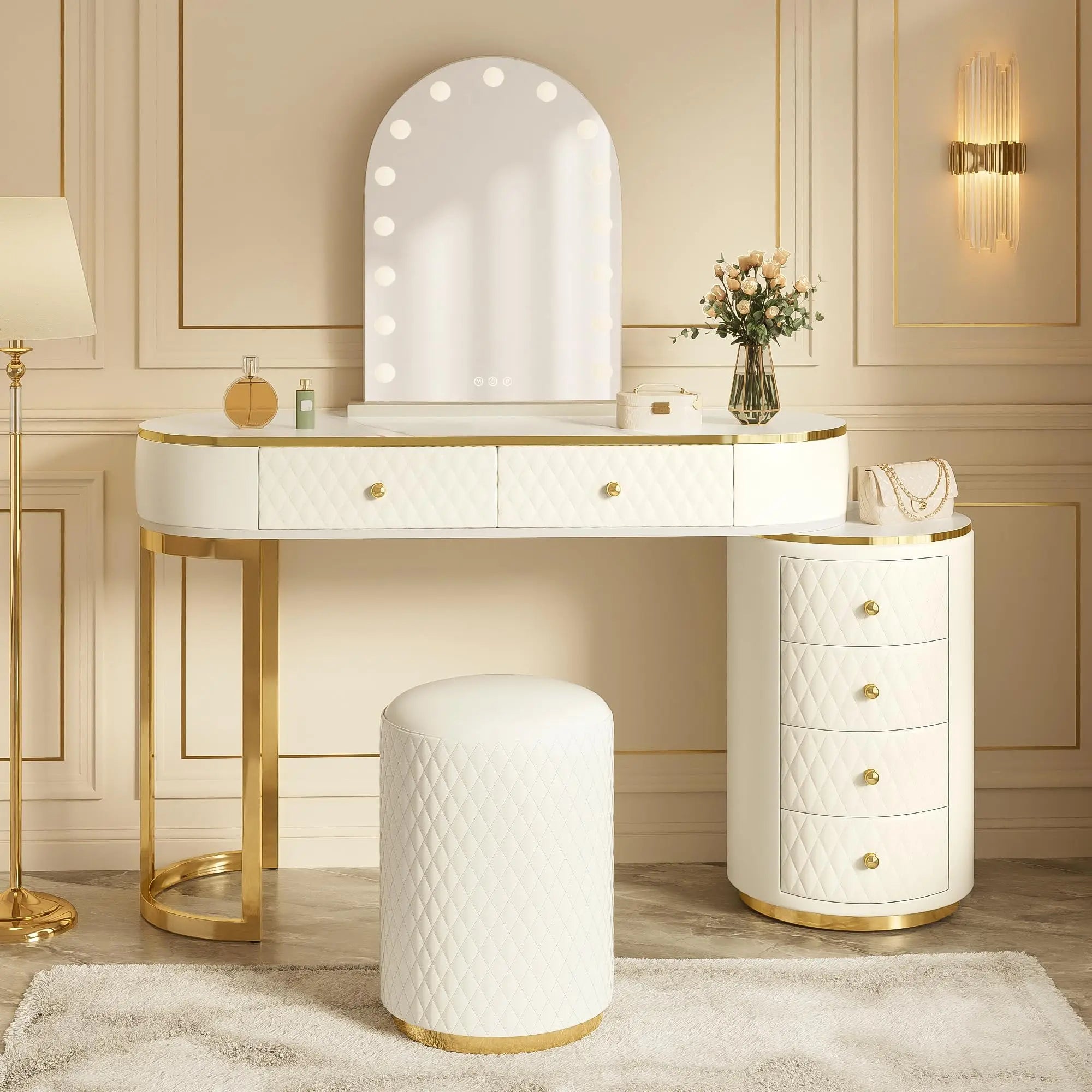 Luxury Makeup Vanity Desk with 3-Color LED Mirror and Stool, Adjustable Length Vanity Table with Movable Side Cabinet