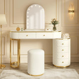 Luxury Makeup Vanity Desk with 3-Color LED Mirror and Stool, Adjustable Length Vanity Table with Movable Side Cabinet