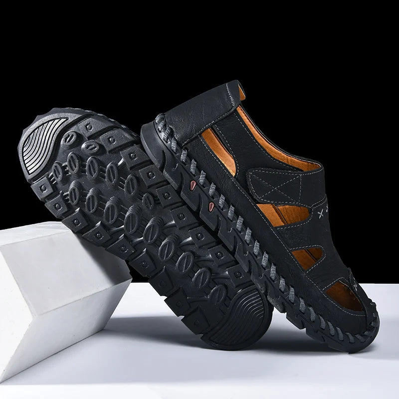 Outdoor Summer Man Sandals Stylish Leather Mens Beach Shoes Outdoor Men  Roman Flats Hollow Out Sandalias New Wading Aqua Shoes