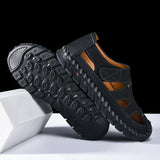 Outdoor Summer Man Sandals Stylish Leather Mens Beach Shoes Outdoor Men  Roman Flats Hollow Out Sandalias New Wading Aqua Shoes