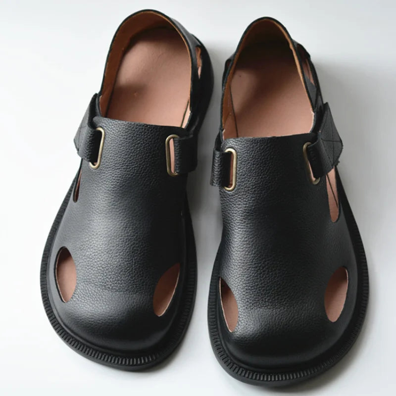 Summer Men's Shoes Flat Full Real Leather Sandal Cowhide Black Casual Old-fashioned Retro Outdoor Men's Sandals Old Man