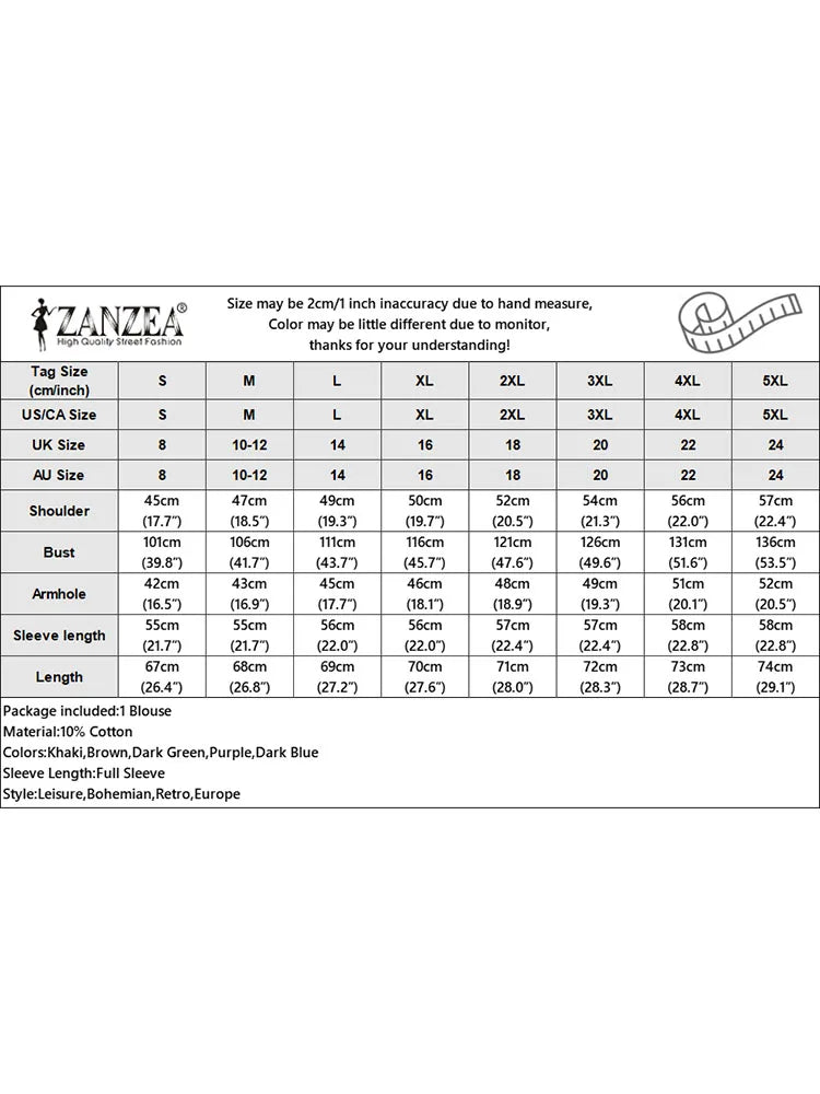 Vintage Women Blouse Autumn Long Sleeve Shirt Female V Neck Work Holiday Blusas ZANZEA Casual Solid Loose Shirt Cotton Chemise