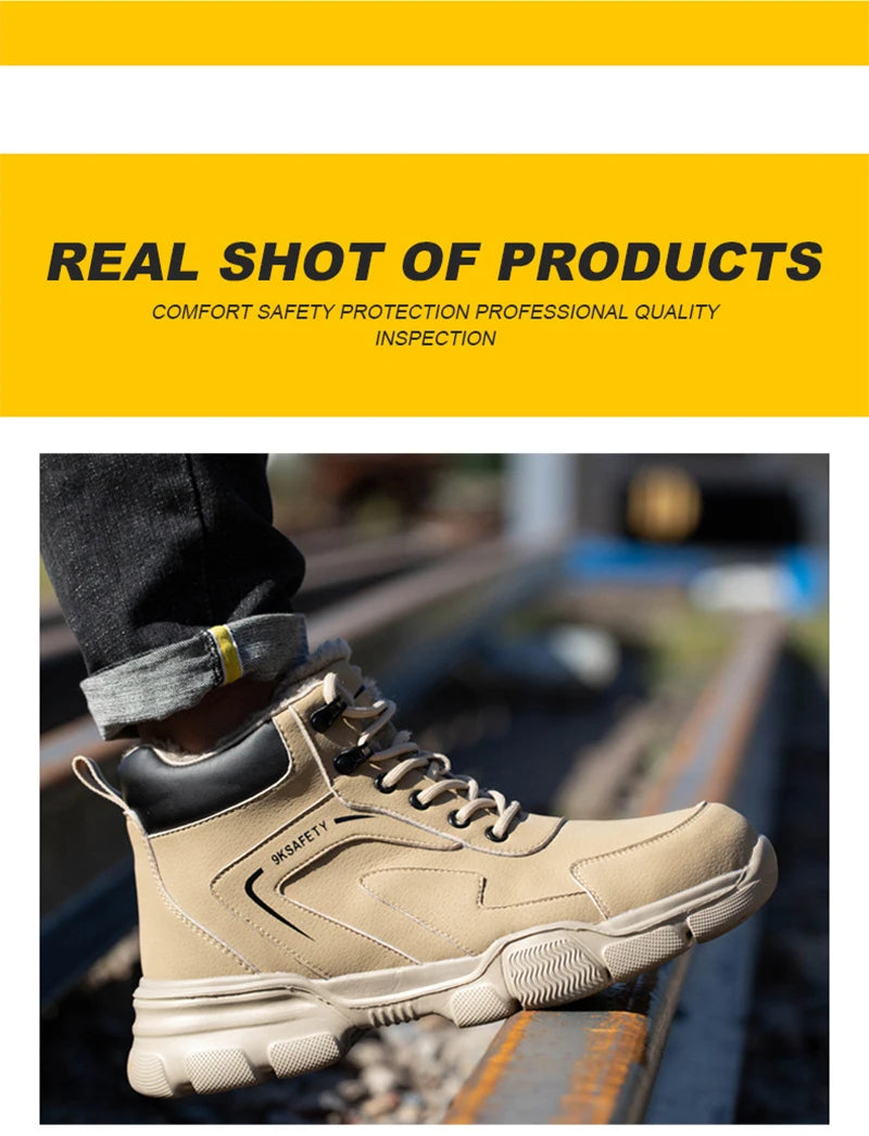 Men's & Women's Brown High-top PU Water Repellent Lightweight Anti-smash Anti-puncture Comfortable Wear Resistant Industrial Construction Work Safety Boots