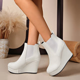 Women Platform Wedge Heel Chelsea Ankle Boots, Elastic Side Slip‑On Faux Leather Solid Color Spring Autumn Casual Short Booties