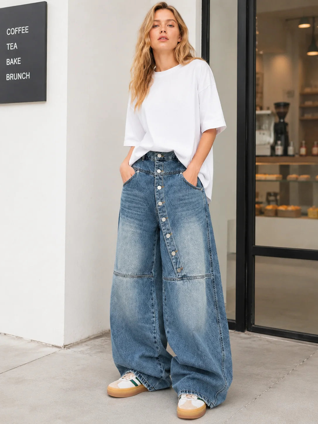 Women's Asymmetric Button Front Baggy Jeans, High Waist Vintage Washed Wide Leg Denim Pants Y2K Streetwear Loose Barrel Jeans for Daily Wear