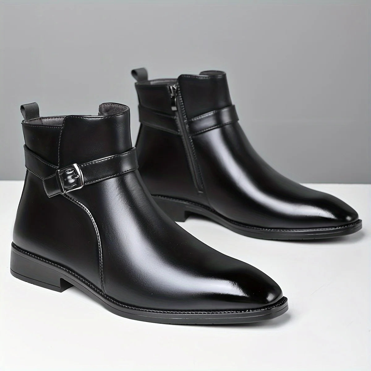Mens Buckle Strap Ankle Boots Pointed Toe Leather Formal Chelsea Boots Man Business Dress Short Botas for Men High Top Footwear
