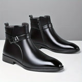 Mens Buckle Strap Ankle Boots Pointed Toe Leather Formal Chelsea Boots Man Business Dress Short Botas for Men High Top Footwear