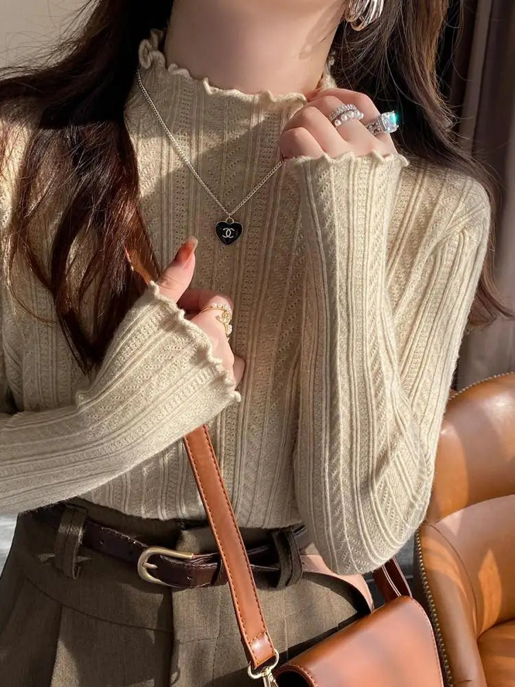 2026 Ruched Turtleneck Women Sweaters Autumn Winter Warm Pullover Slim Tops Knitted Sweater Jumper Soft Pull Female