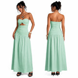 Women Strapless Twist Cutout Maxi Dress Ruched Waist Flowy A Line Long Tube Top Dress Summer Beach Vacation Casual Sundress