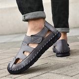 Outdoor Summer Man Sandals Stylish Leather Mens Beach Shoes Outdoor Men  Roman Flats Hollow Out Sandalias New Wading Aqua Shoes