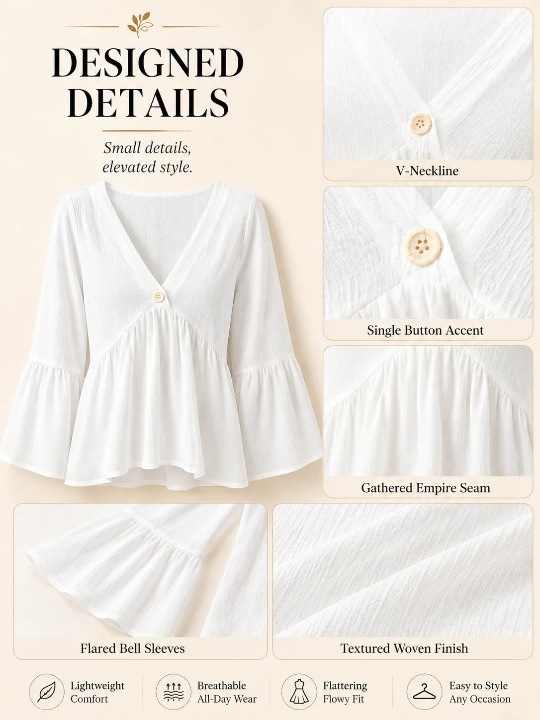 V Neck Bell Sleeve Blouses for Women Loose Fit Babydoll Tunic Tops Single Button Pleated Flowy Shirts Casual Daily Office Going‑Out Tunic