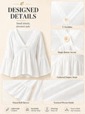 V Neck Bell Sleeve Blouses for Women Loose Fit Babydoll Tunic Tops Single Button Pleated Flowy Shirts Casual Daily Office Going‑Out Tunic