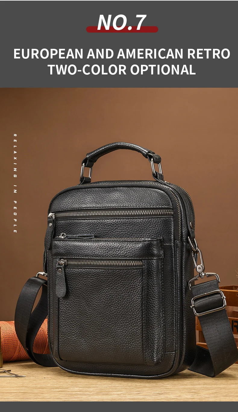 LION VERA Men's Shoulder Bag Casual Mobile Phone Zipper Bag Large Capacity Business Genuine Leather Travel Crossbody Bag