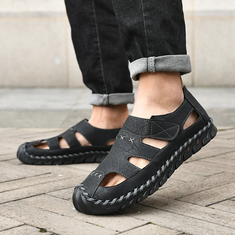 Outdoor Summer Man Sandals Stylish Leather Mens Beach Shoes Outdoor Men  Roman Flats Hollow Out Sandalias New Wading Aqua Shoes