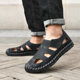 Outdoor Summer Man Sandals Stylish Leather Mens Beach Shoes Outdoor Men  Roman Flats Hollow Out Sandalias New Wading Aqua Shoes