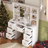 Teousev 7 Drawers Vanity Dressing Table with 10 Dimmable LED Lights, Large HD Mirror Modern Makeup Desk with Ample Storage