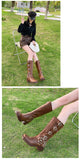 Women's High Platform Boots Metal Buckle Thick Heel Motorcycle Boots Vintage Soft Leather Punk Boot Brown Leather Knight Boot