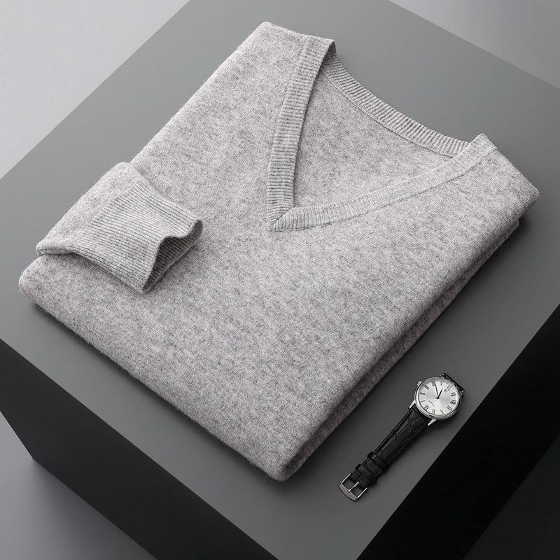 Autumn And Winter New Men's V-Neck Cashmere Loose Thickened Solid Color Wool Knitted Bottoming Shirt Business Casual Sweater