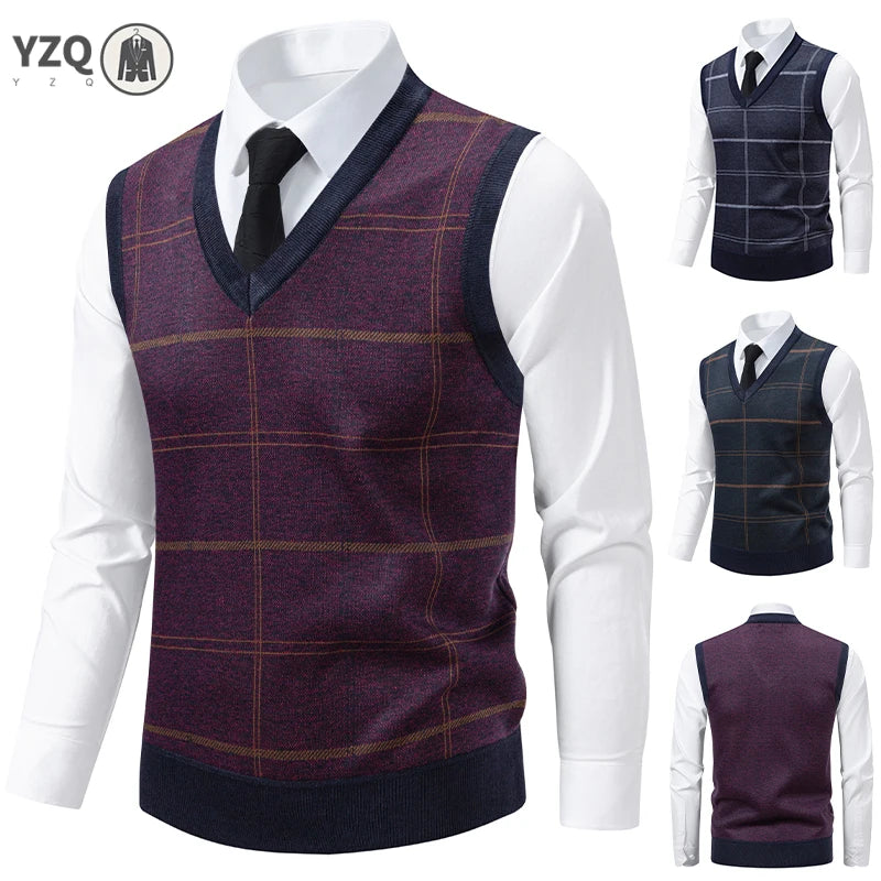 Men's V-neck Knitted Sweater Warm Autumn Winter Diamond Grid Twisted Flower Casual Fashion Versatile Knit Top