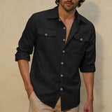 2026 New Men's Long Sleeve Casual Shirt Double Chest Pocket Button Up Soft Loose Linen Comfy Daily Work Street Outdoor Wear Tops