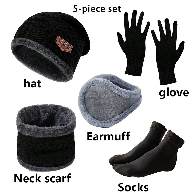 Winter Warm Hat Set Men's and Ear Protectors with Knitted Hats Gloves Neck Hoods Anti Slip Socks Five Piece Set