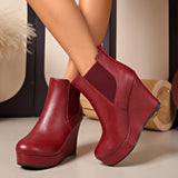 Women Platform Wedge Heel Chelsea Ankle Boots, Elastic Side Slip‑On Faux Leather Solid Color Spring Autumn Casual Short Booties