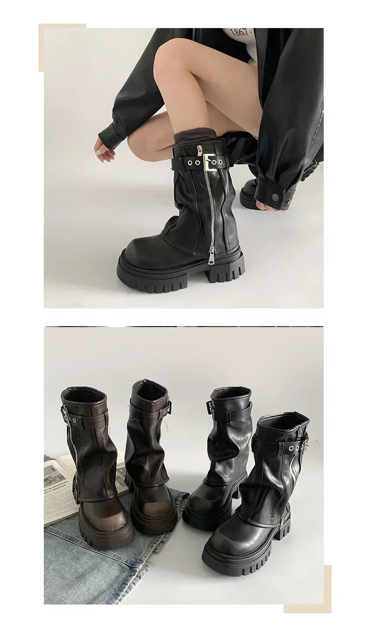 2025 Winter Women Biker Boots Fashion Belt Buckle Ladies Elegant Platform Long Pipe Booties Casual Women's Knee High Booties