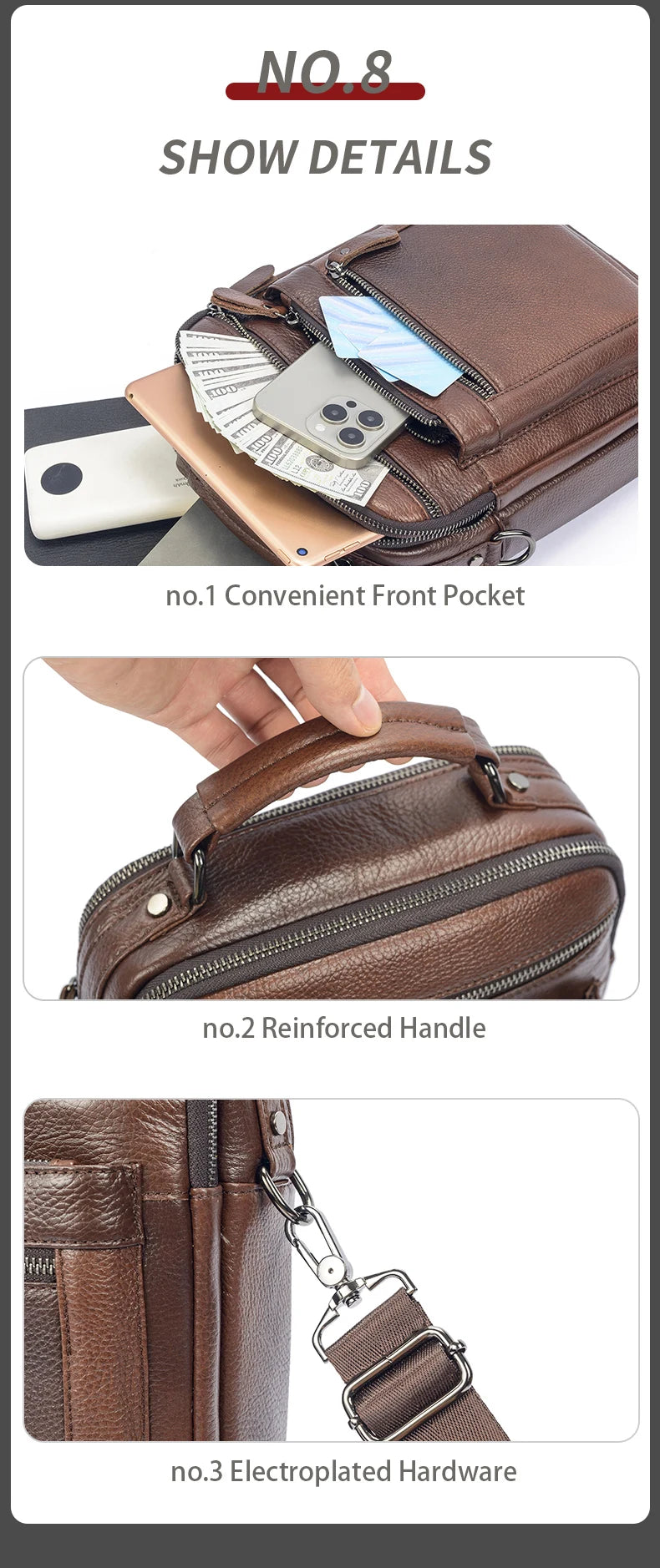 LION VERA Men's Shoulder Bag Casual Mobile Phone Zipper Bag Large Capacity Business Genuine Leather Travel Crossbody Bag