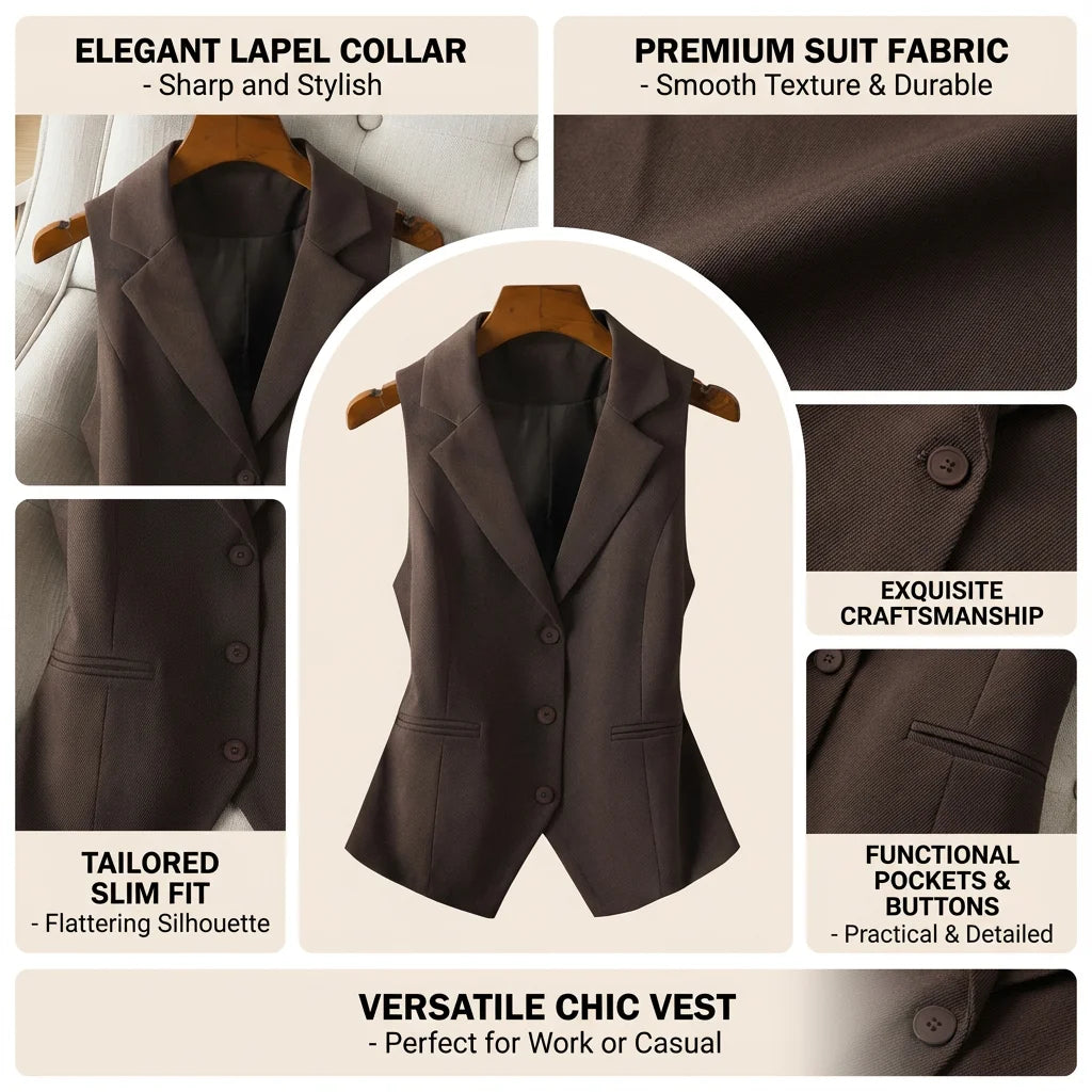 Vintage Women's Brown Custom Waistcoat Sleeveless Lapel Suit Vest Daily Commute Button Slim Design, Casual All Fold Wear