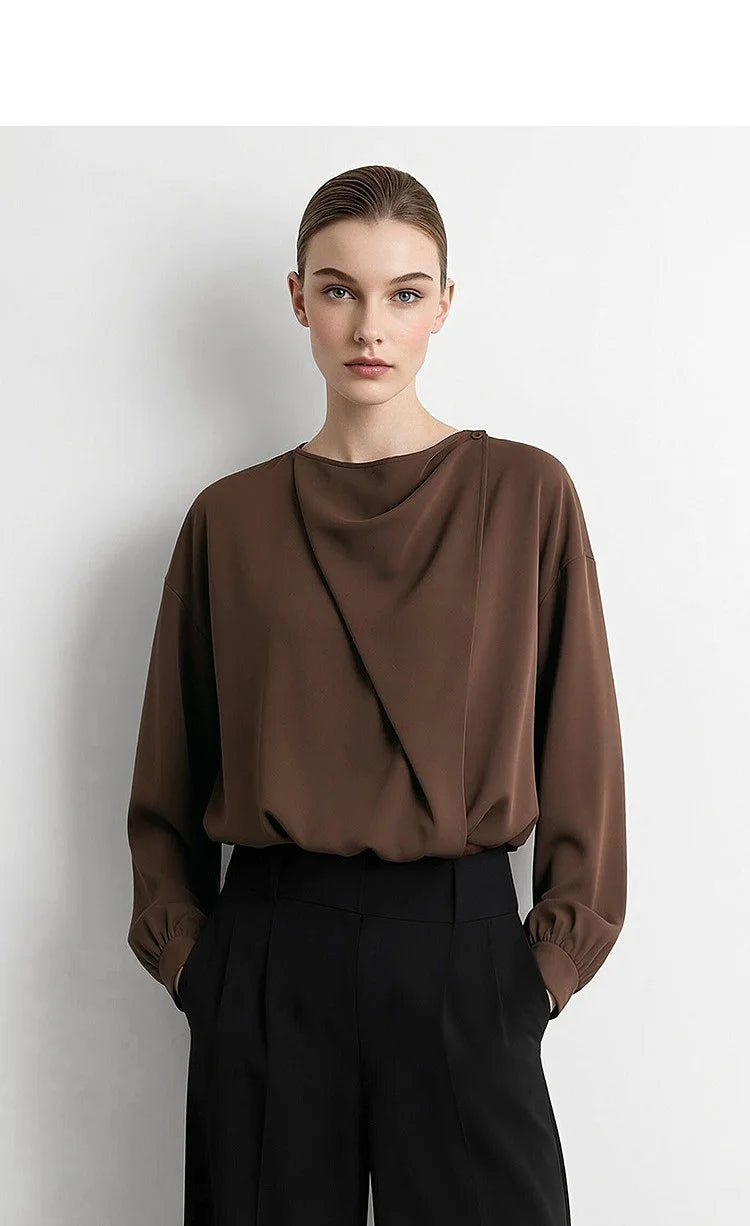 Amii 2026 Autumn Women Blouse Reversible V Neck Wrap Cowl Neck Long Sleeve Chiffon Blouses Woman Loose Casual Shirts 12643013