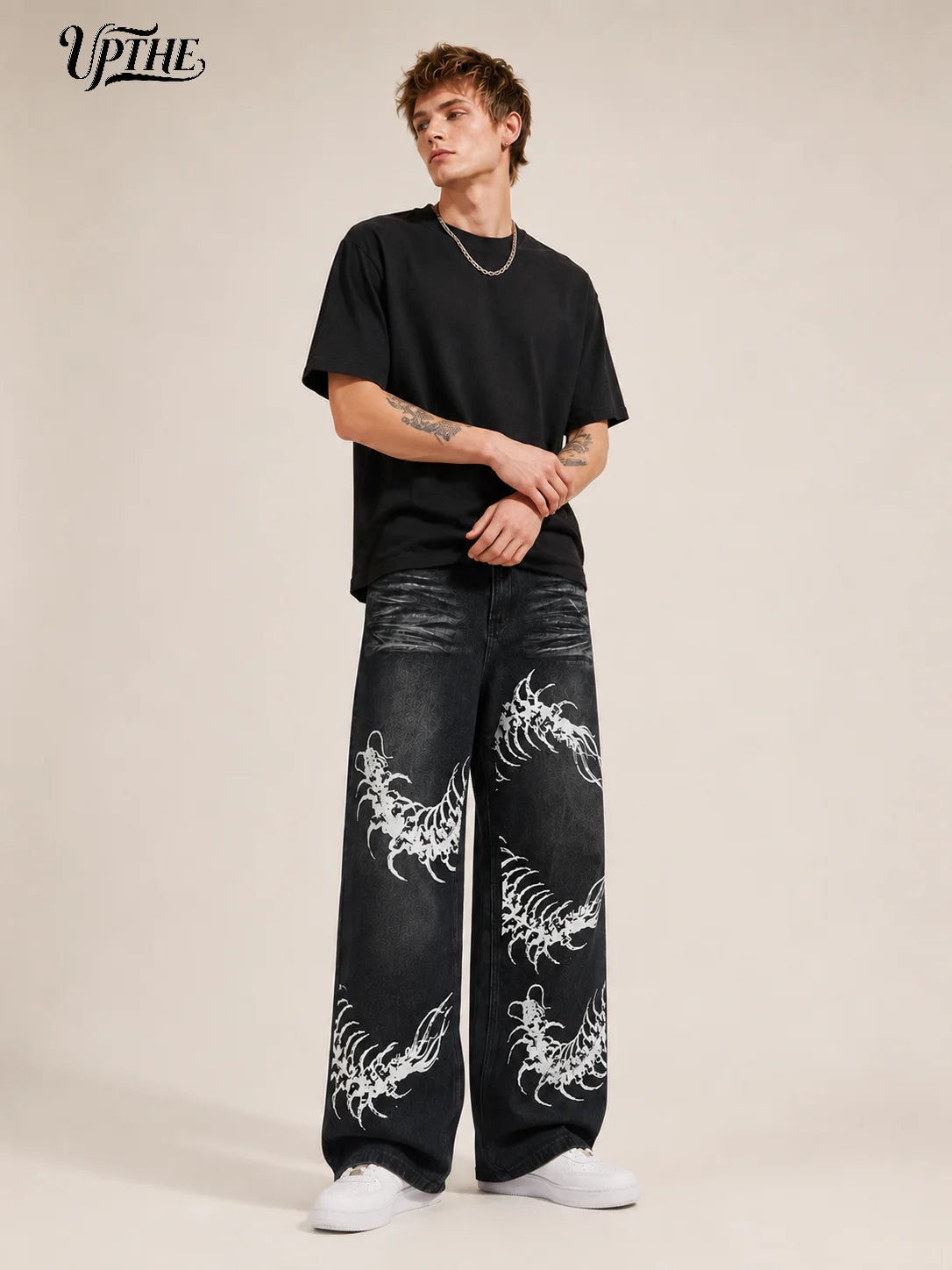 UP.THE Men Black Faded Baggy Wide Leg Jeans, Y2K Oversized Loose White Centipede Skeleton Print Denim Pants, Gothic Grunge Streetwear Trousers for Daily Outfits