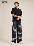 UP.THE Men Black Faded Baggy Wide Leg Jeans, Y2K Oversized Loose White Centipede Skeleton Print Denim Pants, Gothic Grunge Streetwear Trousers for Daily Outfits