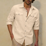 2026 New Men's Long Sleeve Casual Shirt Double Chest Pocket Button Up Soft Loose Linen Comfy Daily Work Street Outdoor Wear Tops