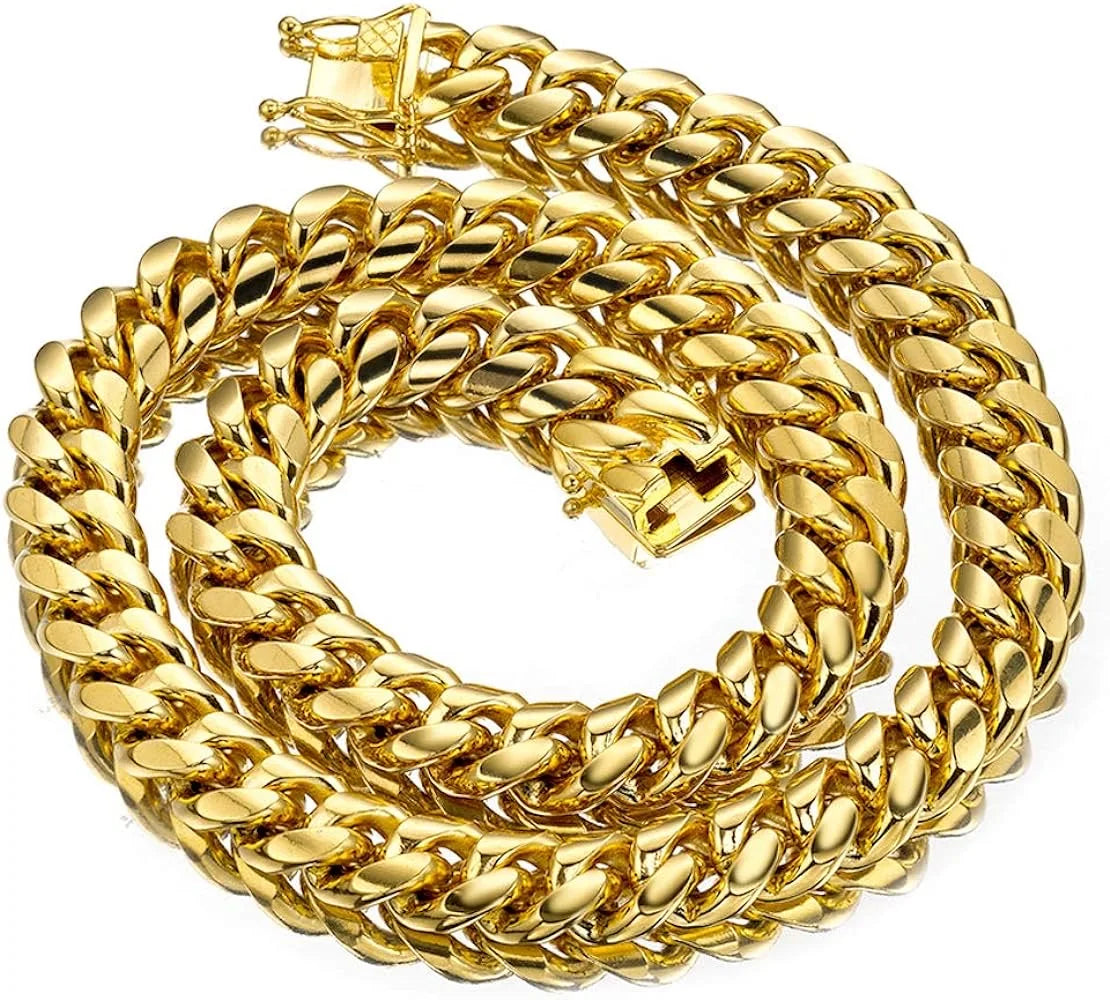 6-14mm Wide Stainless Steel Cuban Miami Chains Necklaces Mens Necklace Chain 316L Stainless Steel Hip Hop Necklace Gold Color