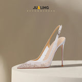 New Baotou Sexy Sandals with One Buckle and Summer Mesh, Rhinestone High Heels for Women, Slim Heels, Shallow Mouth